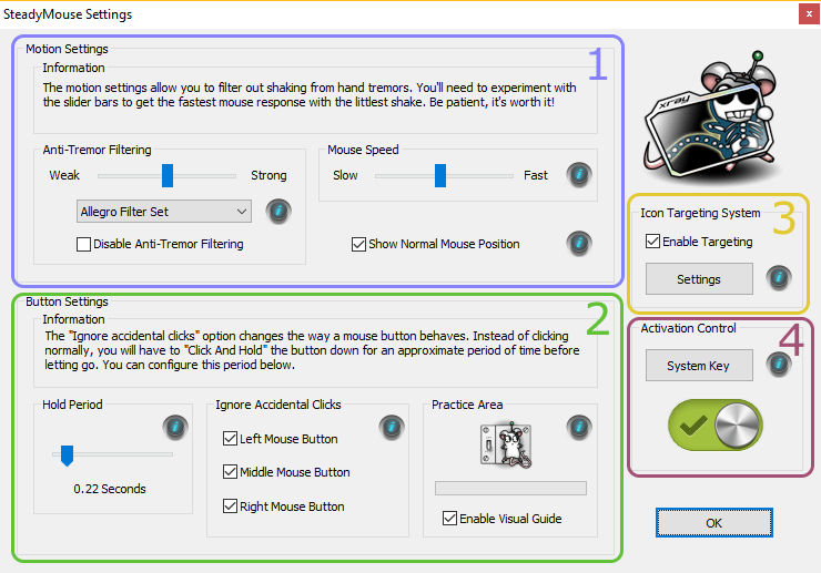 SteadyMouse Settings Control Groups for tremor removal and accidental click blocking