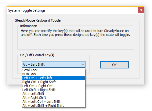 SteadyMouse On / Off configuration des touches bascule