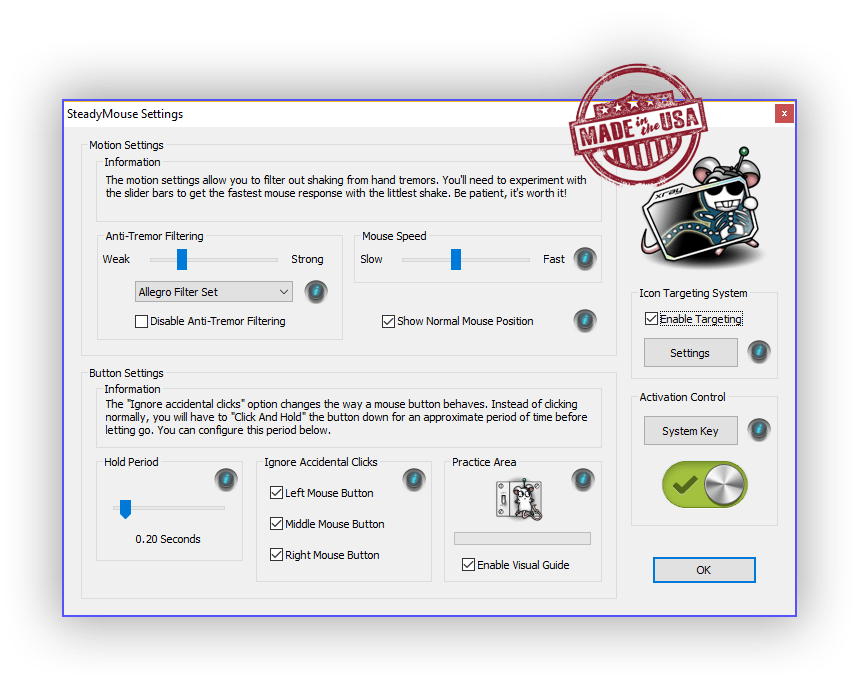 Showing the SteadyMouse user interface with all hand tremor removal settings